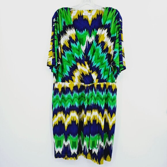 Calvin Klein Dress 16 Faux Wrap Dolman Sleeve Colorful Ikat Surplice Short Plus - Picture 11 of 11